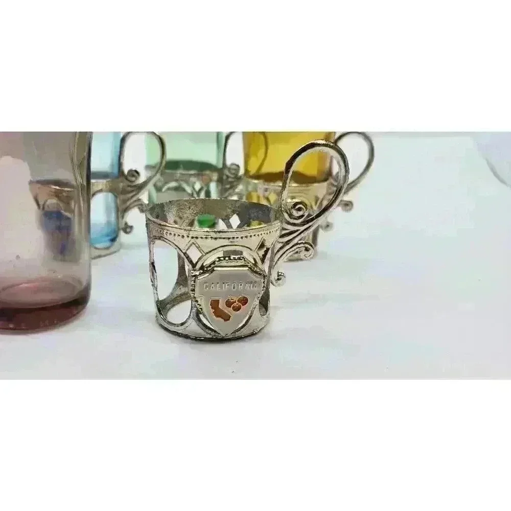 Vintage California Souvenir Shot Glasses Silver Handled Holders Set Of 4 1950s
